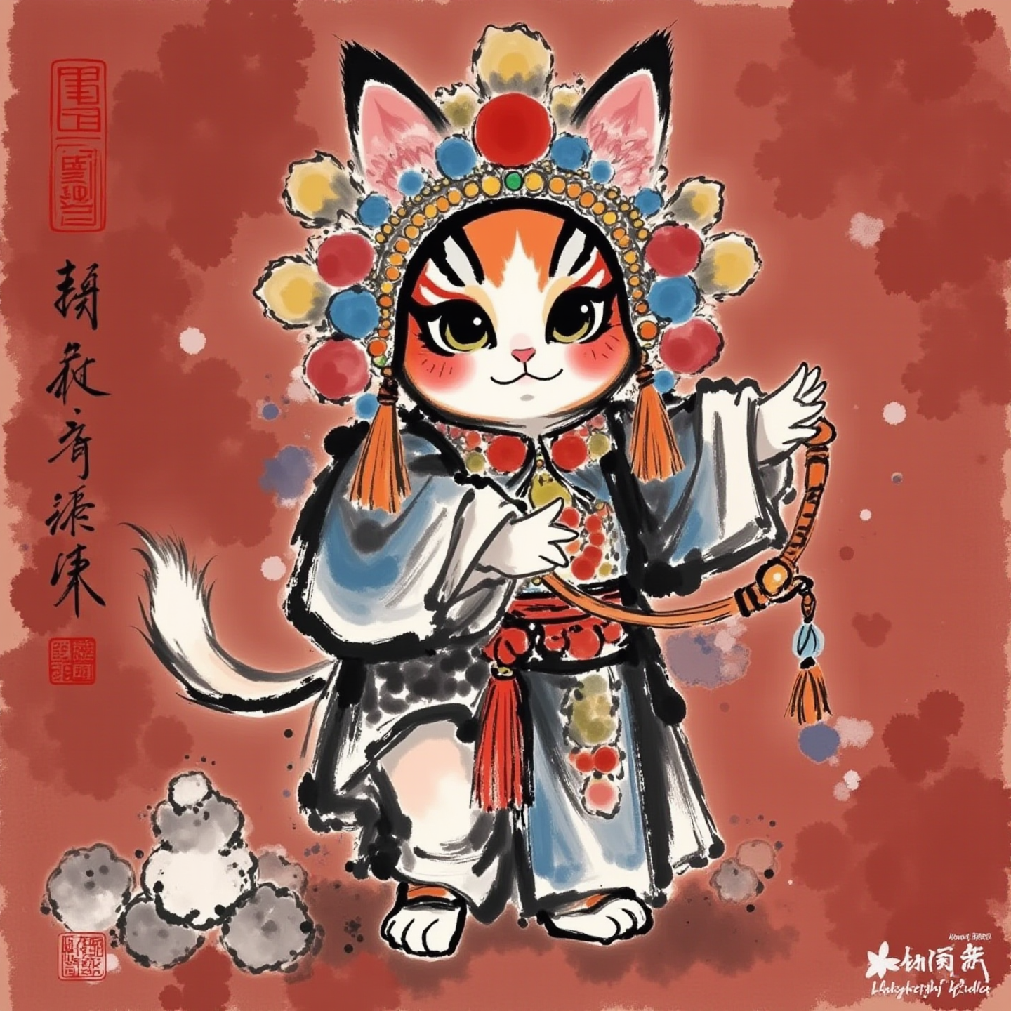 京剧小猫水墨画